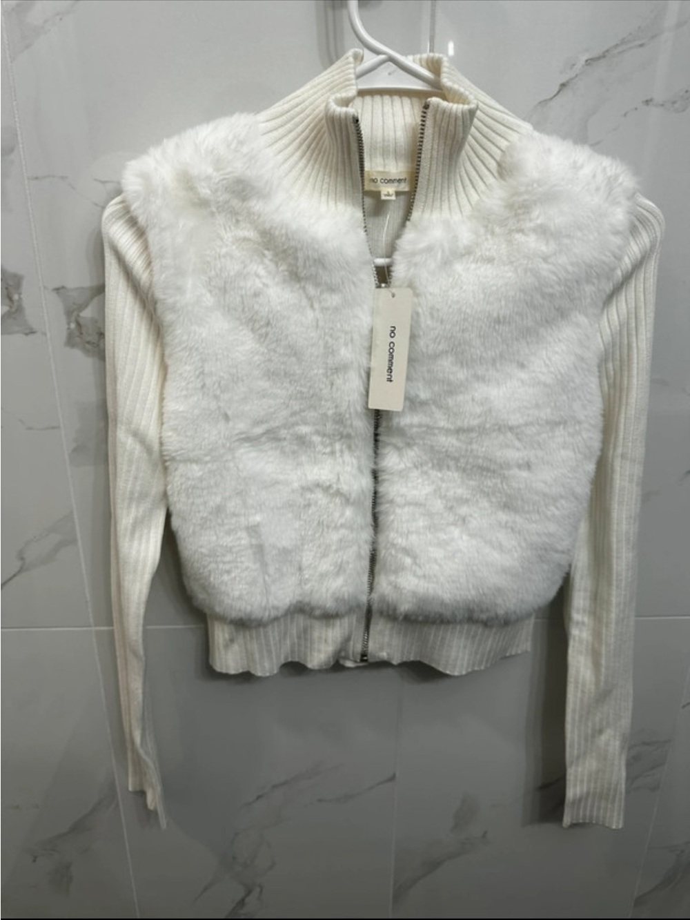 No Comment Cream Faux-Fur Ribbed Zip Jacket